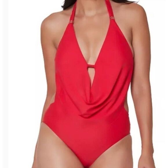 BAR III Solid Cowlneck One Piece Swimsuits Small Paradise Red swimwear size S - Picture 2 of 13